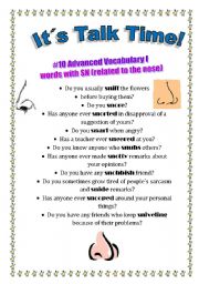 English Worksheet: Talk Time #10 - Advanced Vocabulary I - words with SN (related to the nose)