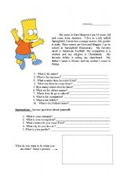 English Worksheet: Reading Exercise with Personal Information.  Bart Simpson