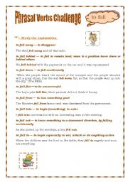 English Worksheet:  phrasal verbs challenge to fall