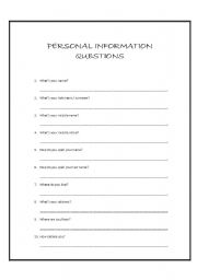 English worksheet: PERSONAL INFORMATION QUESTIONS