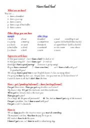 English Worksheet: Have/had/had, a vocabulary course