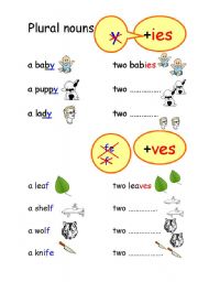 English Worksheet: Plural nouns +ies, +ves and irregular nouns