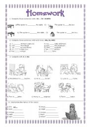 English Worksheet: Prepositions of place, verb to be, article and colors