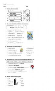English Worksheet: TEST --> Personal Pronouns, Verb to be, Question words, adjectives