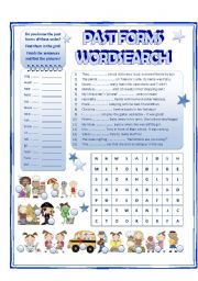 English Worksheet: PAST SIMPLE - common irregular verbs wordsearch, sentences