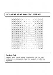 English worksheet: Lions Eat Meat.  What do WE eat?