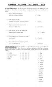 English Worksheet: SHAPES - COLORS - MATERIAL AND SIZE