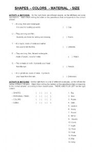 English worksheet: SHAPES - COLORS - MATERIAL AND SIZE