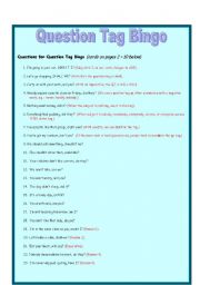 English Worksheet: Question Tag Bingo