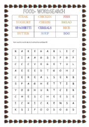 English Worksheet: FOOD WORDSEARCH- FULLY EDITABLE- WITH ANSWER KEY