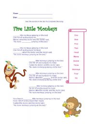 English Worksheet: Five Little Monkeys 