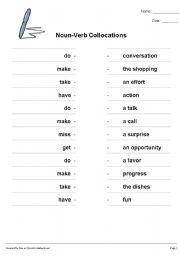 English worksheet: Noun Verb Collocations - Matching Exercise