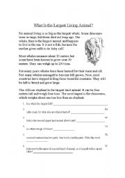 English Worksheet: What is the largest living Animal?