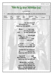 English Worksheet: wake me up when september ends