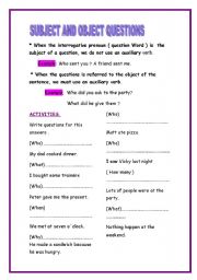 English Worksheet: SUBJECT AND OBJECT QUESTIONS