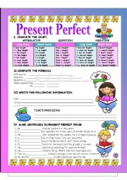 English Worksheet: PRESENT PERFECT WORKSHEET (B/W VERSION INCLUDED) 1st OF THE GRAMMAR WSS SET