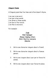 English Worksheet: Cinquain Poems