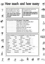 English Worksheet: How much or how many and countable or uncountable nouns.