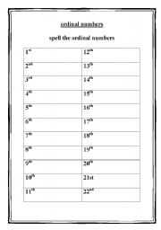 English worksheet: spell the ordinal numbers