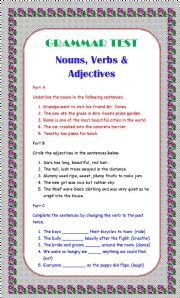 Nouns, Verbs and Adjectives Test