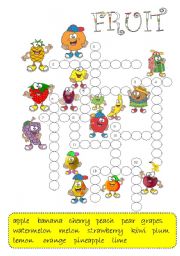 English Worksheet: FRUIT -crossword / B&W + key/