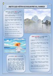 English Worksheet: Articles with geographical names - Theory plus Exercises - 2 pages