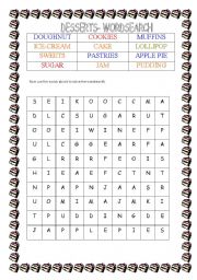 English Worksheet: WORDSEARCH - DESSERTS - FULLY EDITABLE