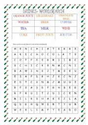 English Worksheet: WORDSEARCH - DRINKS - FULLY EDITABLE