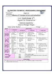 English Worksheet: Portada, Lesson Plan Means of transportation, Englis for conversational, 8 grade