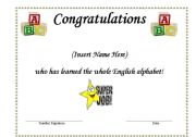 English Worksheet: Editable award for learning alphabet in english