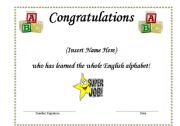 English Worksheet: Editable award for learning alphabet in english