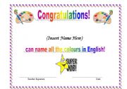English Worksheet: FULLY EDITABLE award for learning English colours