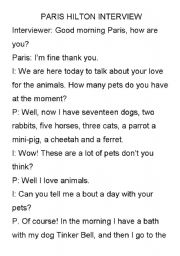 English worksheet: Present  simple and pets with Paris Hilton