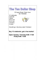 English worksheet: The ten dollar shop