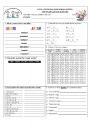 English Worksheet: Review Activity: Colors; Days of the week; Months of the year; Numbers 1-10; Magic words