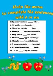 English Worksheet: complete the sentences with a or an