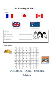 English Worksheet: countries and continents