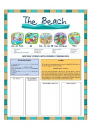 English Worksheet: THE BEACH - Writing stories with Present Continuous -
