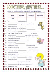 English Worksheet: SOMETHING , ANYTHING, SOMEBODY, SOMEWHERE