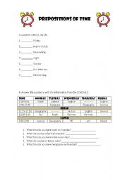 English Worksheet: prepositions of time
