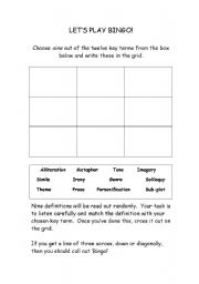 English Worksheet: literary terms bingo