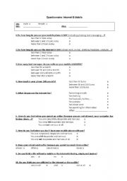 English Worksheet: Questionnaire for a project on internet and mobiles