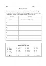 English worksheet: My List of Supplies