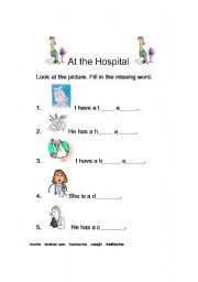 English Worksheet: At the hospital (fill in the blank)