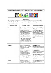 English Worksheet: Whats the difference between - See, Look At, Watch, Hear, Listen To? - Student Guide, Explanations and Examples, Exercises and Answers.
