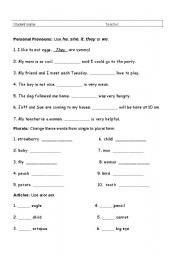 English worksheet: Personal pronouns, Plurals and Articles