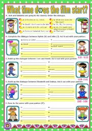 English Worksheet: What time does the film start?  -  Short dialogues to act out.