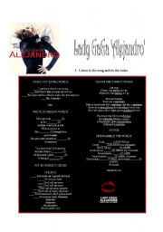 English Worksheet: LADY GAGA ALEJANDRO ---- SONG-BASED ACTIVITY--- FULLY EDITABLE --- ANSWER KEY INCLUDED!!