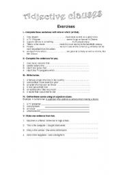 English worksheet: adjectives clauses