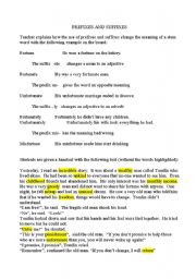 English Worksheet: Complete lesson plan for prefixes and suffixes with a reading comprehension and exercises